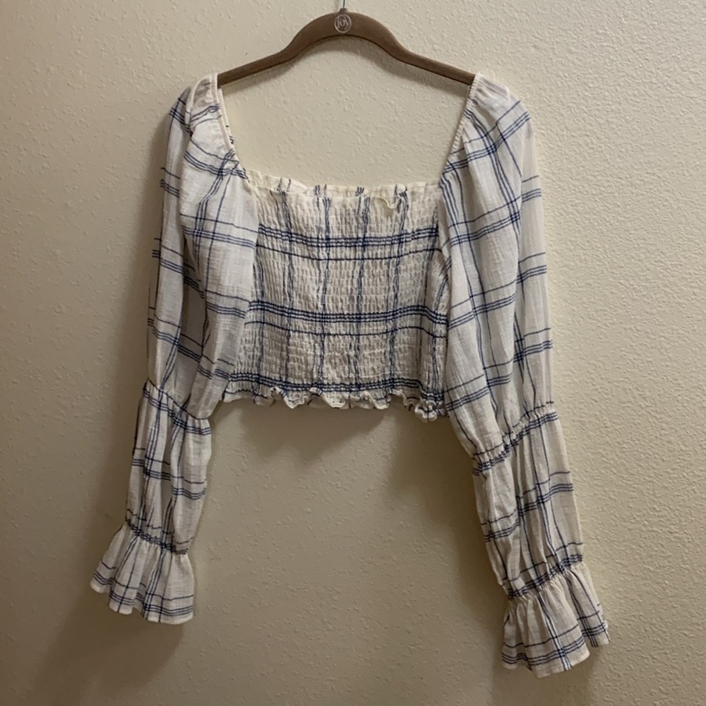 Zara Smocked Cropped Top Blouse Women’s Size Small Blue Crepey Fabric - Picture 2 of 10